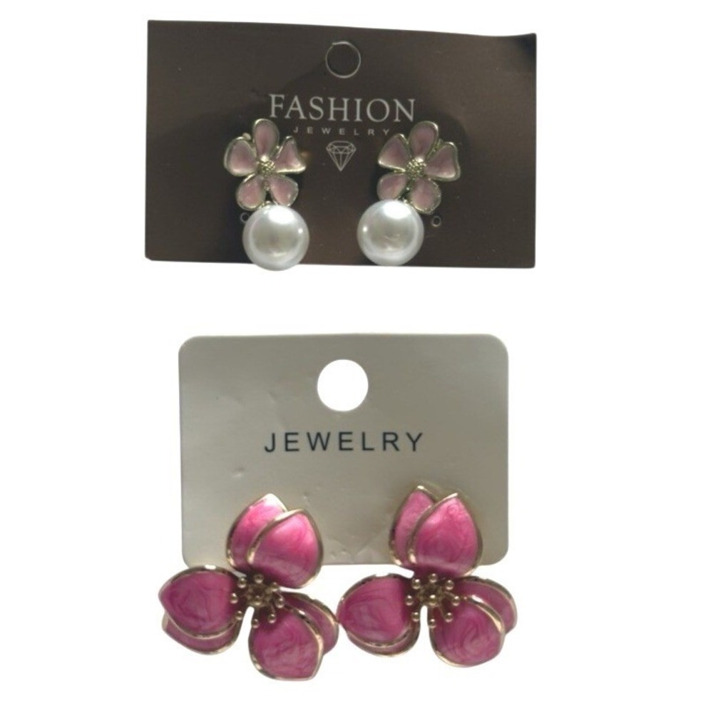 2 Pairs Women Floral Earrings Pink Statement & Pearl Drop Fashion Jewelry